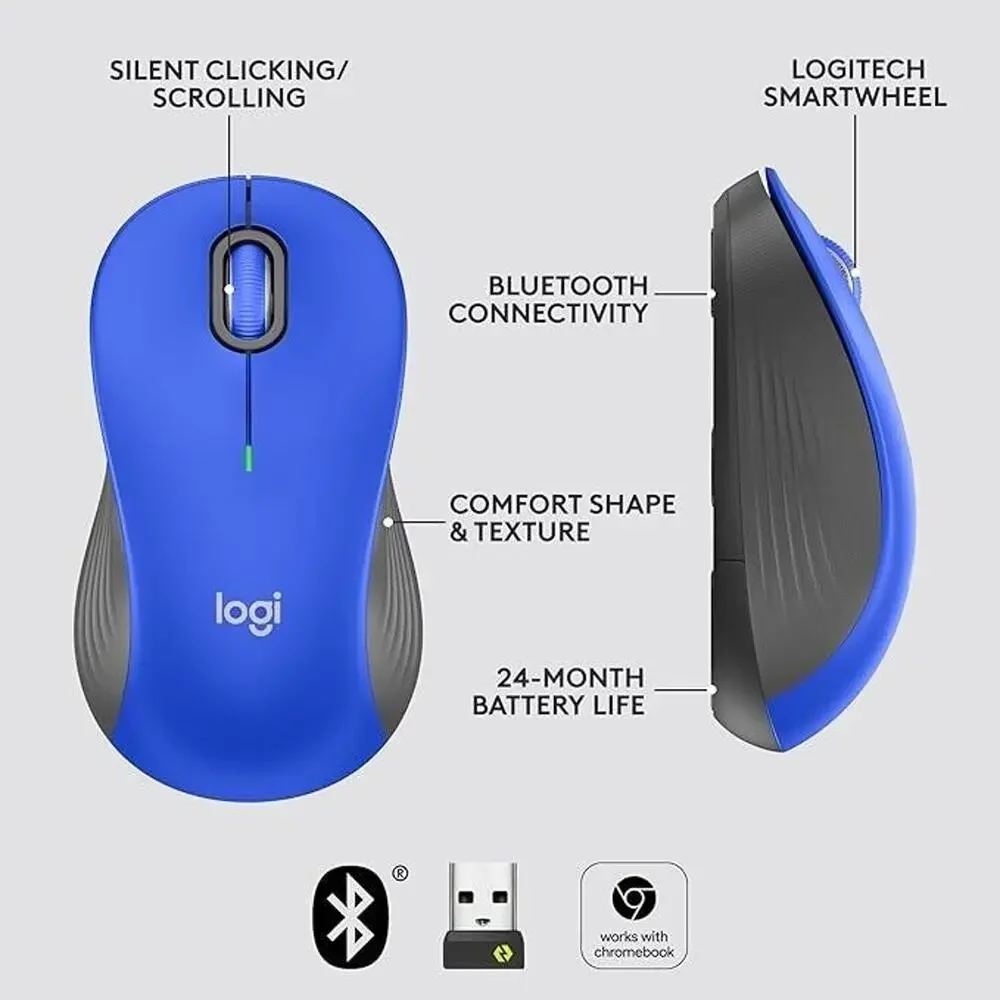 Logitech Signature 550L Wireless Mouse (Blue) Bluetooth, USB - For Large Hands